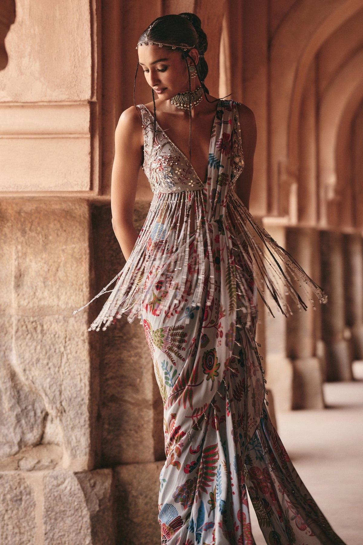 SLATE GREY PRINTED AND HIGHLIGHTED DHOTI SKIRT SAREE SET