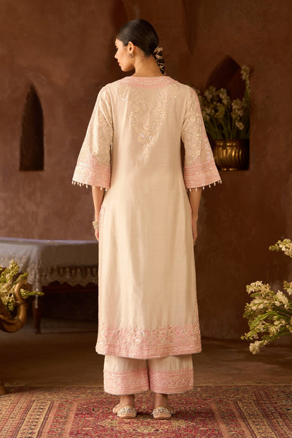 Nurvi - Daisy Ivory With Pink Long A-line Kurta With Palazzo And Dupatta