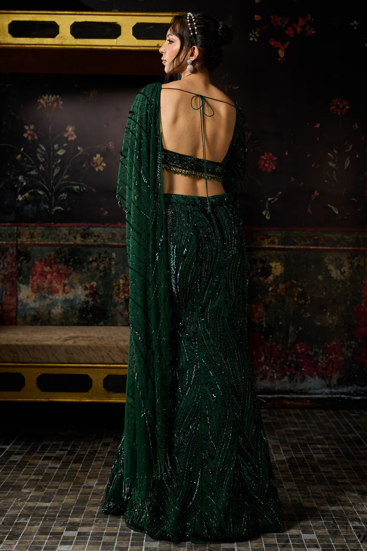 Emerald Green Embellished Mermaid Skirt Saree Set