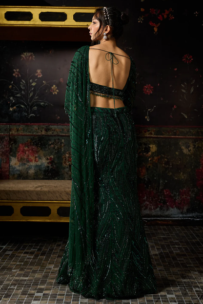 Emerald Green Embellished Mermaid Skirt Saree Set