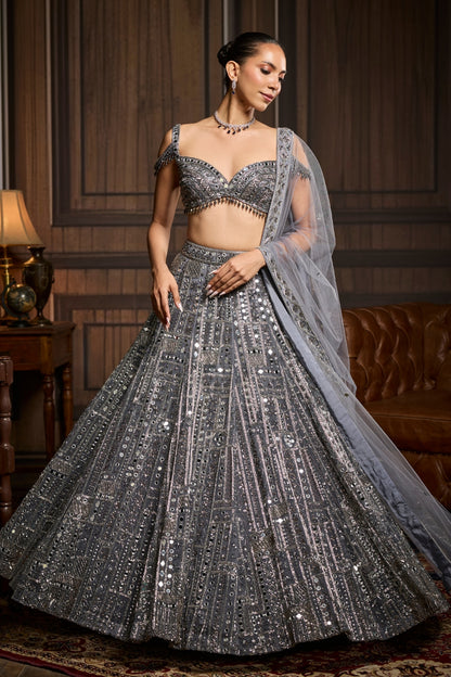 Gunmetal Embellished Mirrorwork Lehenga Set