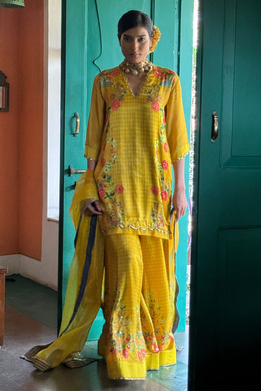 Yellow Gajji Satin & Chiffon Sharara Set