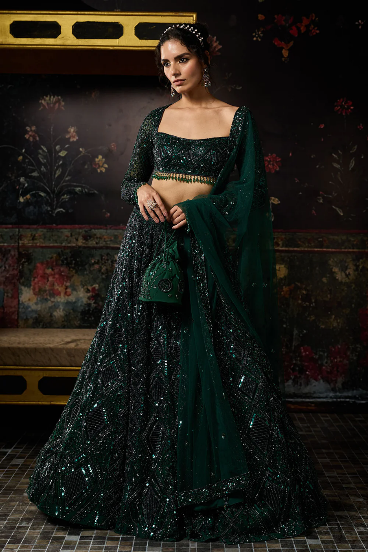 Emerald Green Embellished Lehenga Set