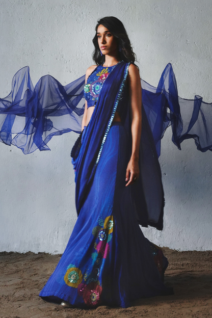 Blue Chiffon Handwork Pre-Draped Saree Set