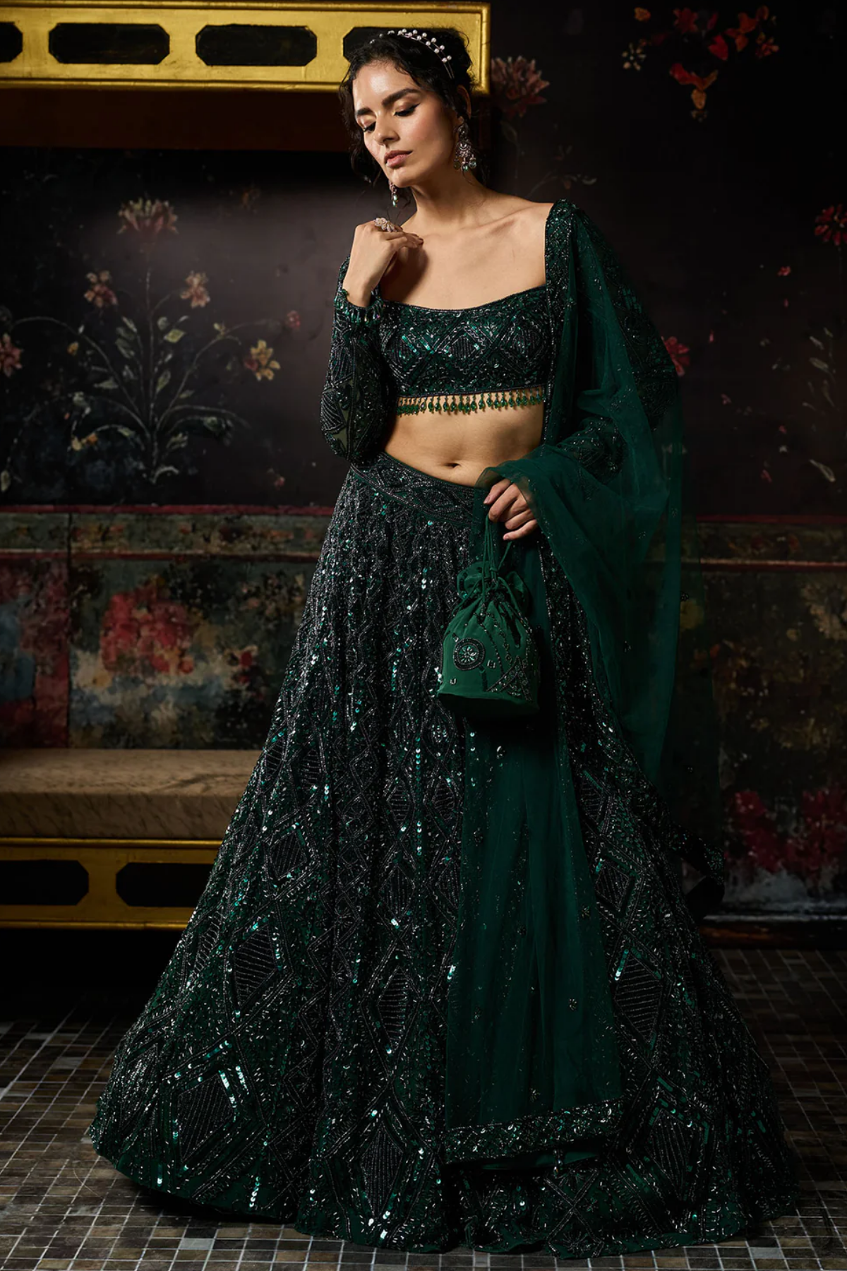 Emerald Green Embellished Lehenga Set