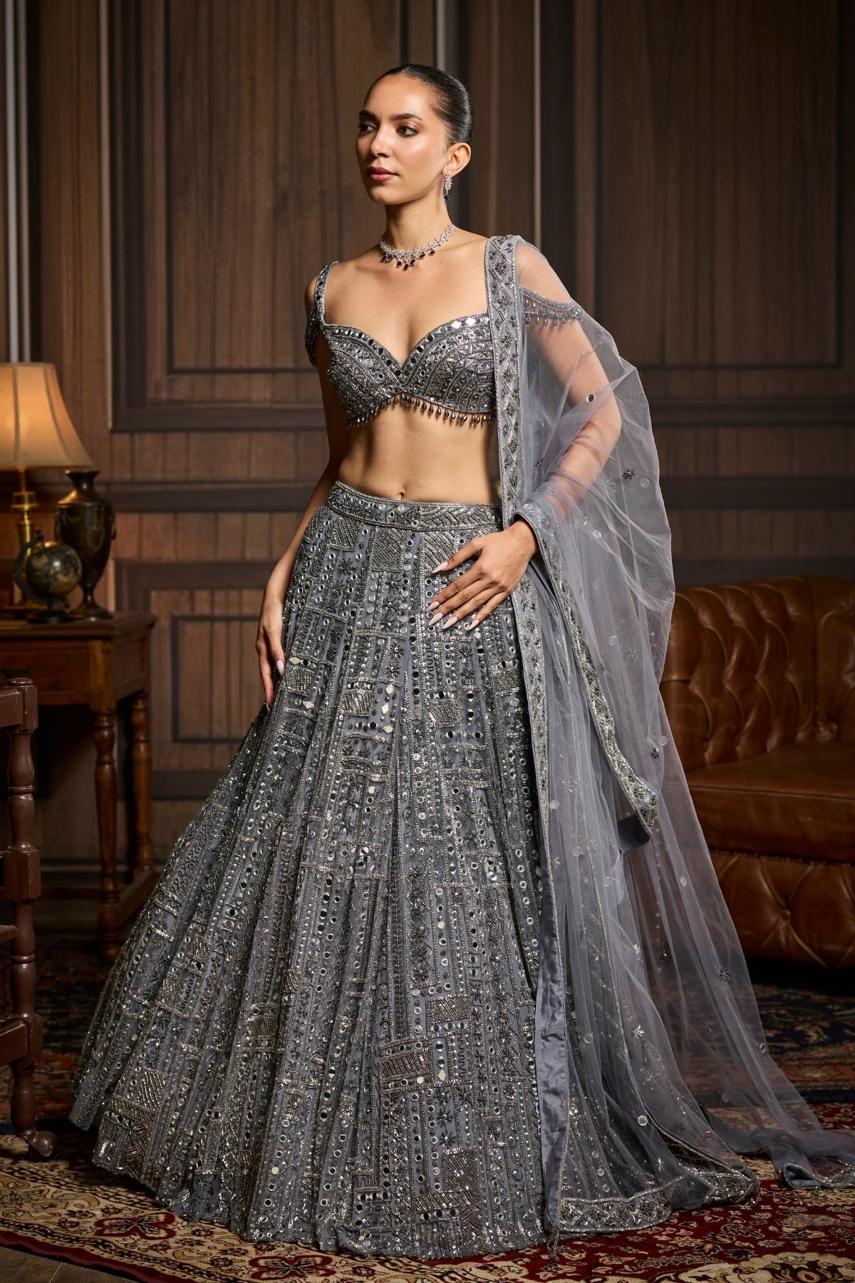 Gunmetal Embellished Mirrorwork Lehenga Set