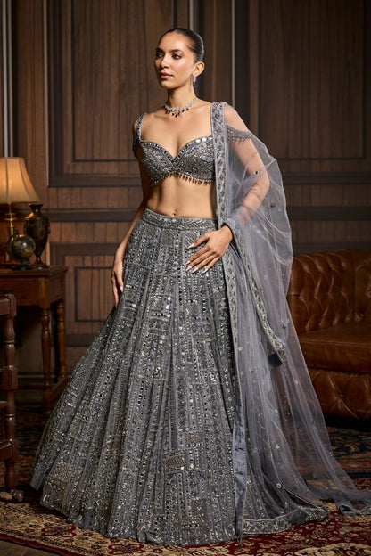 Gunmetal Embellished Mirrorwork Lehenga Set