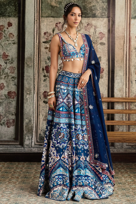 TEAL PRINT AND AND HIGHLIGHTED LEHENGA SET