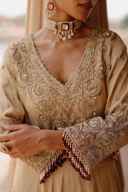 Rooh – Gold Tissue Long Kalidaar Anarkali Set with Palazzo & Dupatta
