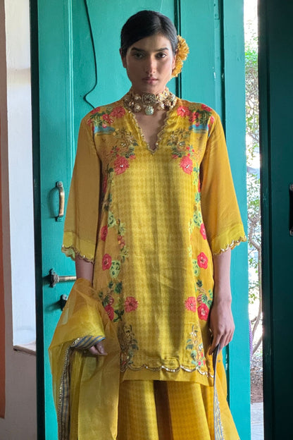 Yellow Gajji Satin & Chiffon Sharara Set