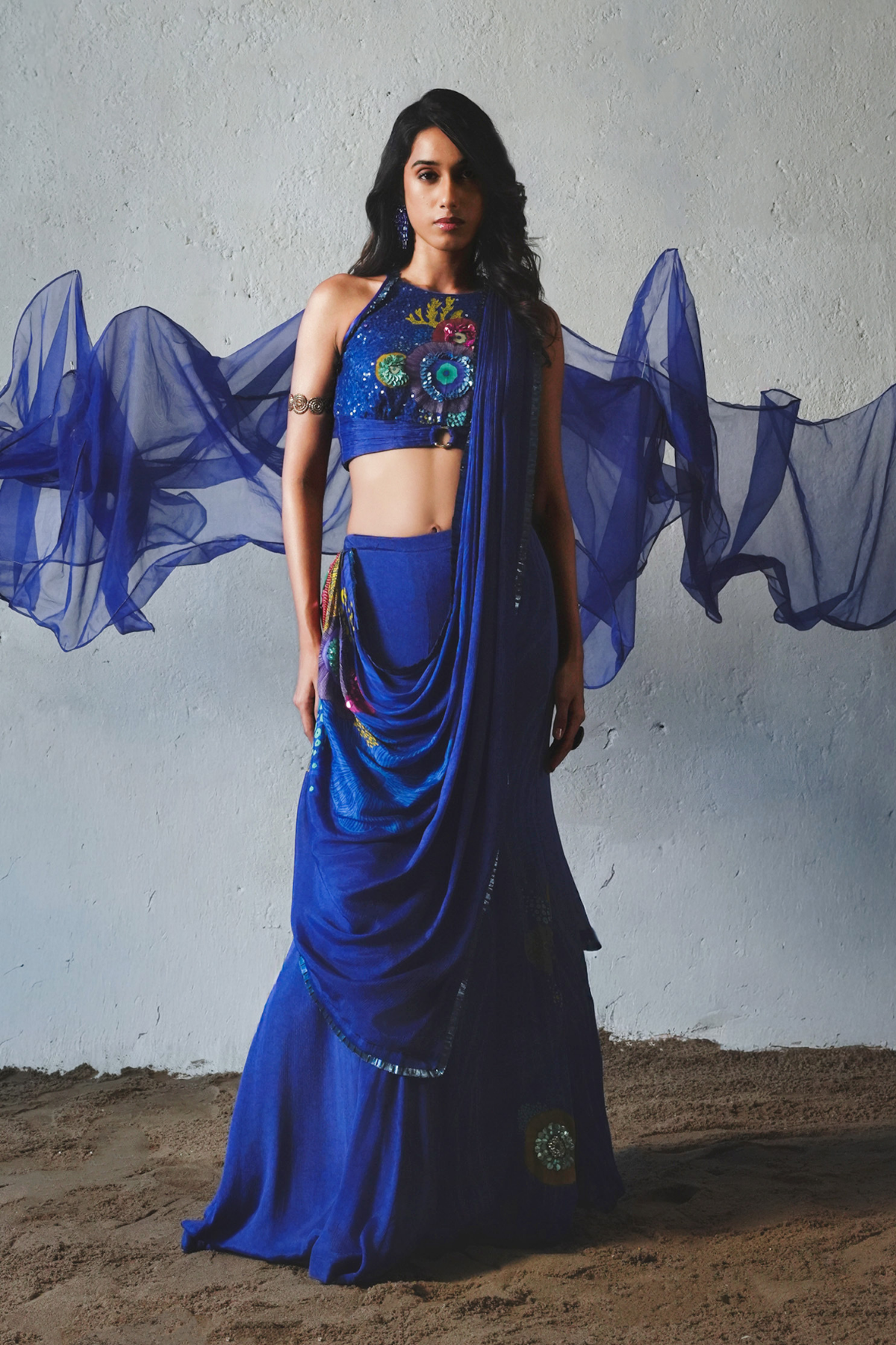 Blue Chiffon Handwork Pre-Draped Saree Set