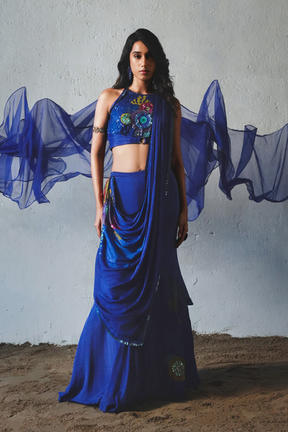 Blue Chiffon Handwork Pre-Draped Saree Set