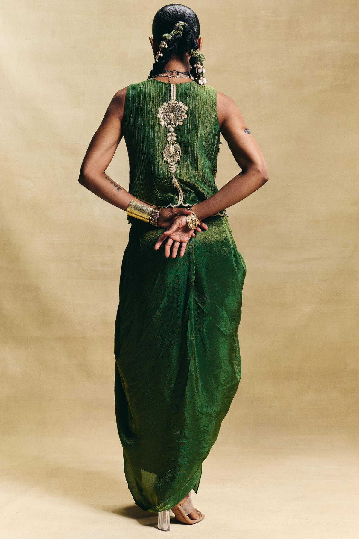 Green waistcoat & draped skirt
