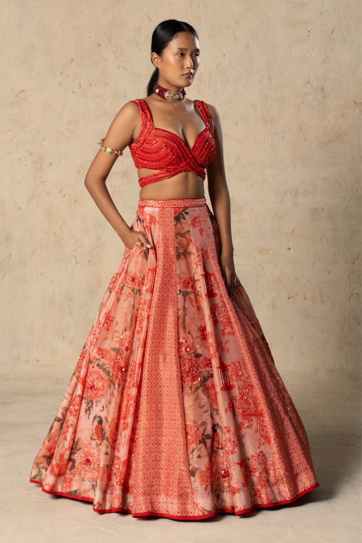 Printed red tissue Lehenga Set