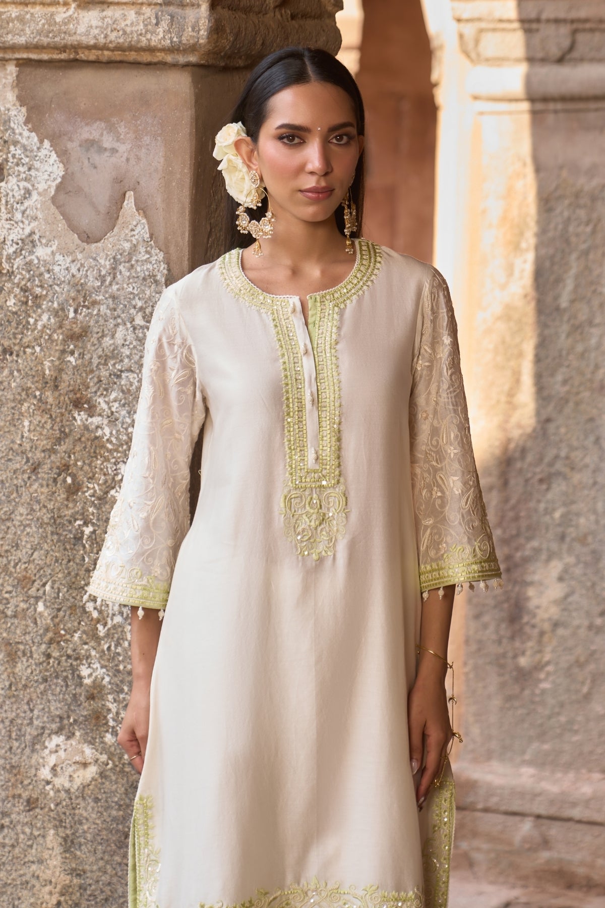 Anam - Daisy Ivory With Mint Green A-line Kurta With Salwar And Dupatta