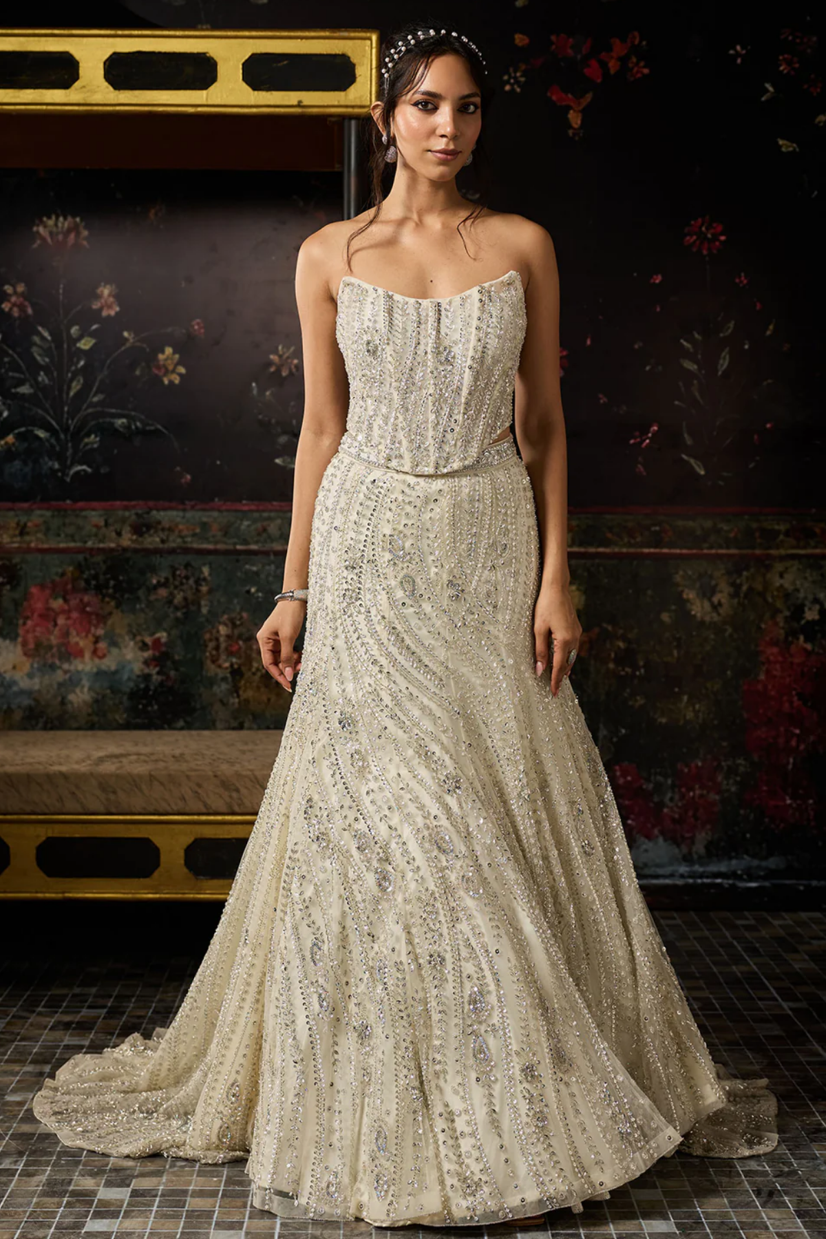 SILVER FULLY EMBELLISHED MERMAID LEHENGA TRAIL SET