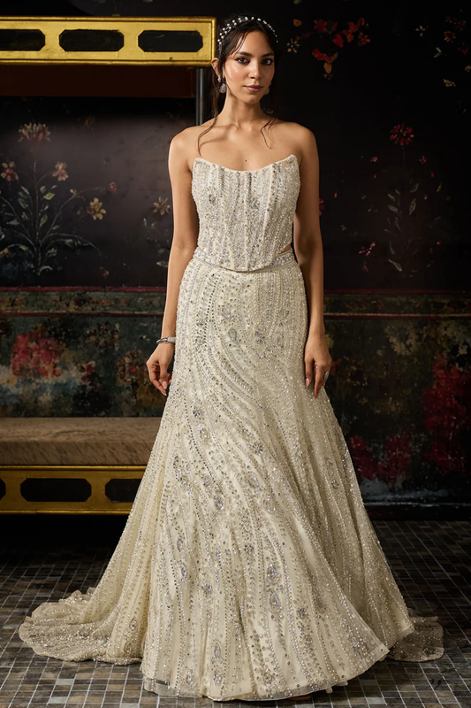 SILVER FULLY EMBELLISHED MERMAID LEHENGA TRAIL SET
