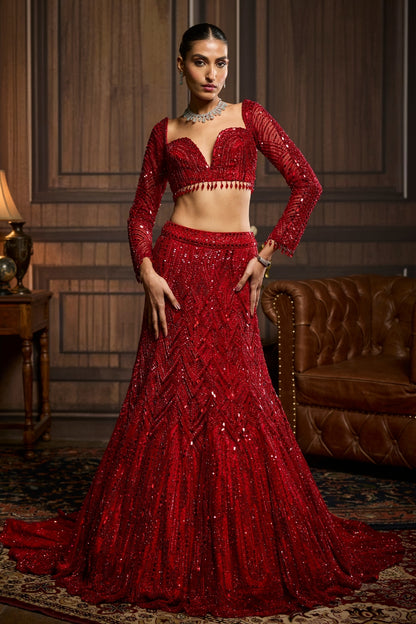 VERMELLION RED EMBROIDERED MERMAID SKIRT SAREE SET