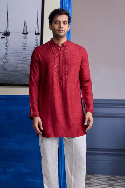 MAROON MIRROR EMBROIDERED & THREAD WORK BANDHGLA JACKET WITH KURTA & PANTS
