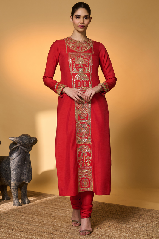 Red Khidki Kurta Set