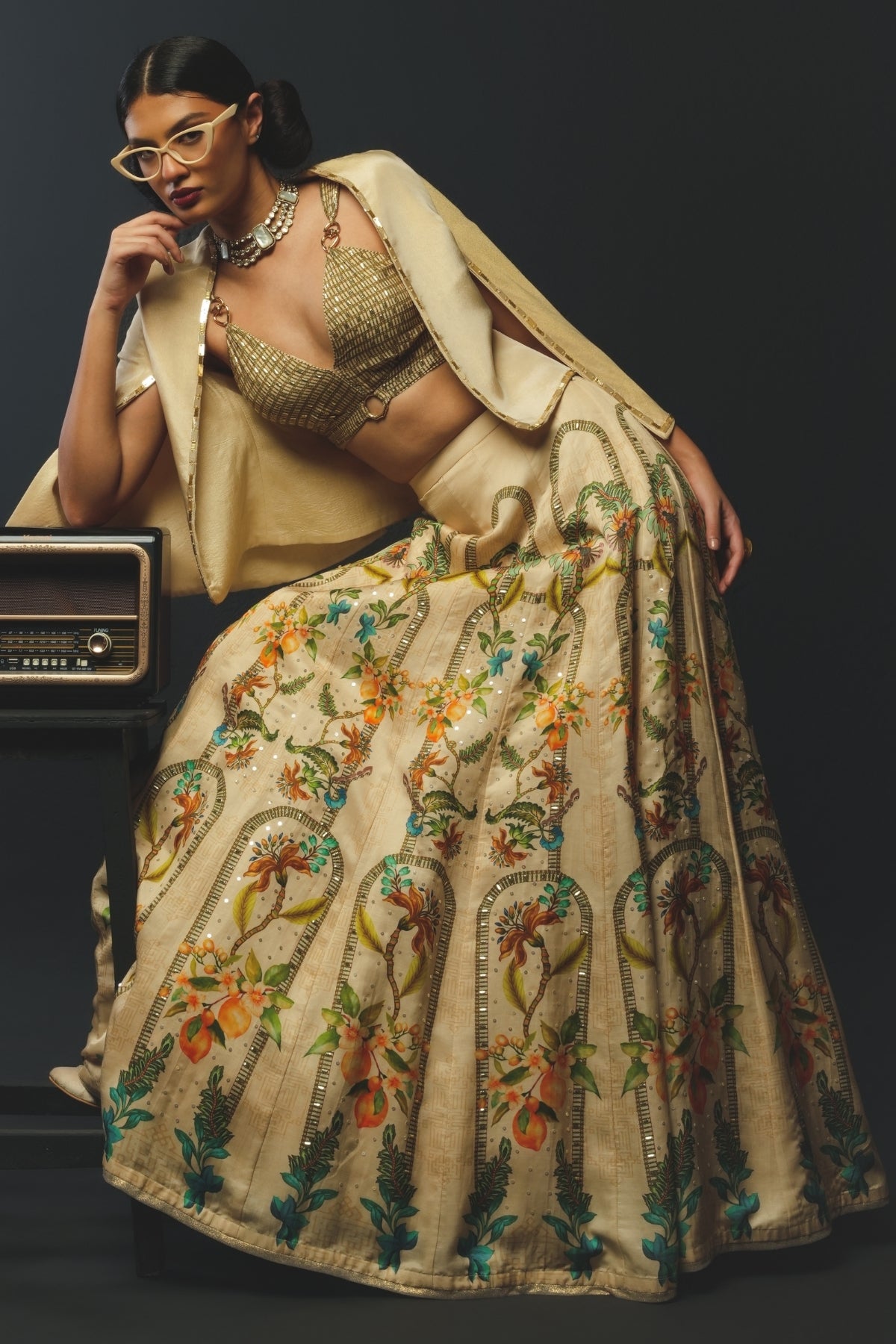 Beige Linen Satin & Tussar Lehenga Set
