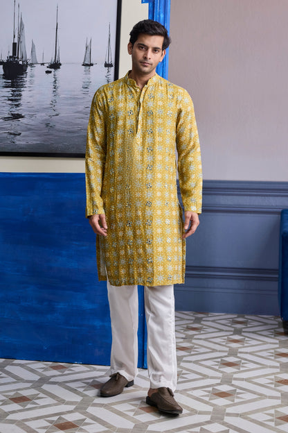 YELLOW BUTTA PRINT HIGHLIGHTED KURTA WITH IVORY PANTS