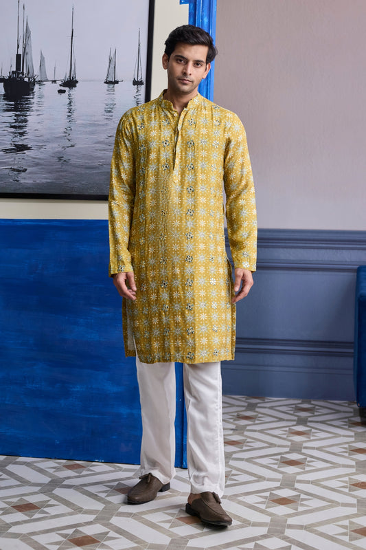 YELLOW BUTTA PRINT HIGHLIGHTED KURTA WITH IVORY PANTS