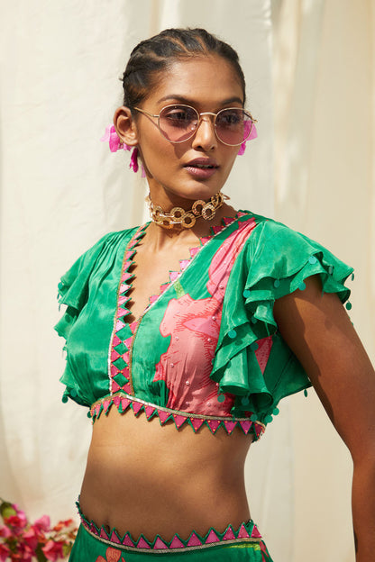 GREEN PRINTED LEHENGA SET