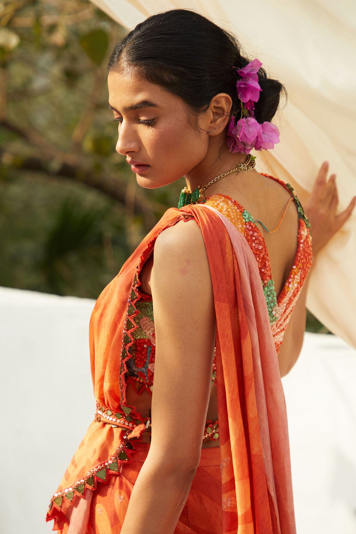 Rust Chinon Chiffon Abstract Printed Pre-Draped Saree Set