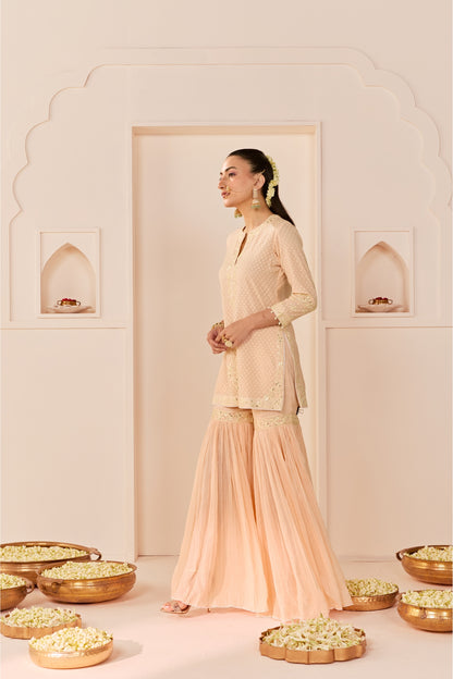 YASNEEN - CARNATION PINK SHORT KURTA WITH GARARA AND DUPATTA