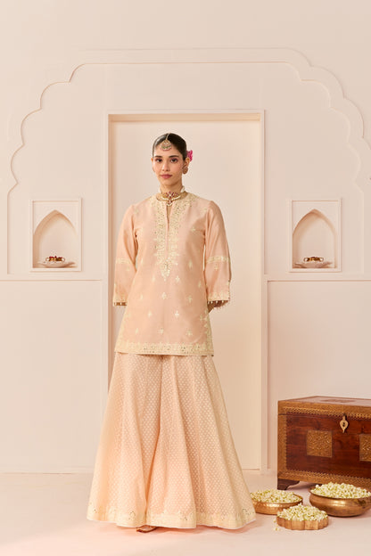 REHMA - CARNATION PINK SHORT KURTA WITH SHARARA AND DUPATTA
