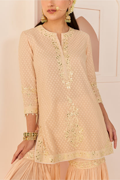 YASNEEN - CARNATION PINK SHORT KURTA WITH GARARA AND DUPATTA