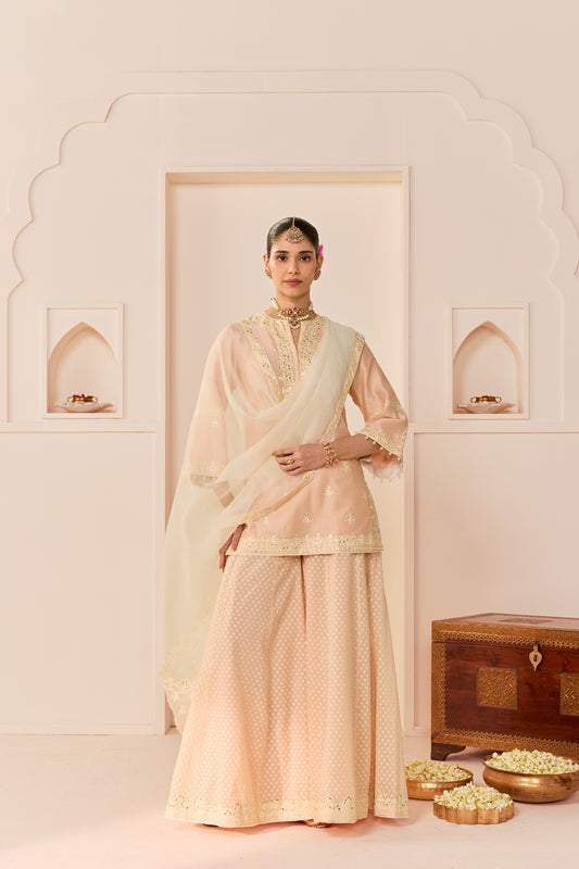 REHMA - CARNATION PINK SHORT KURTA WITH SHARARA AND DUPATTA