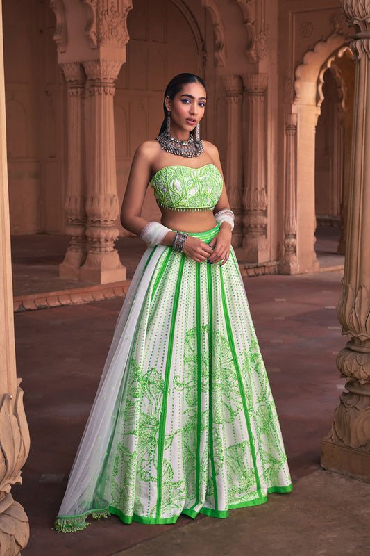 NEON BIG FLORAL PRINT & EMBROIDERED LEHENGA SET