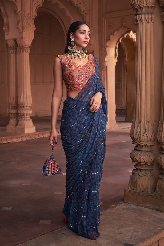 TEAL STRIPE PRINT & HIGHLIGHTED SAREE SET