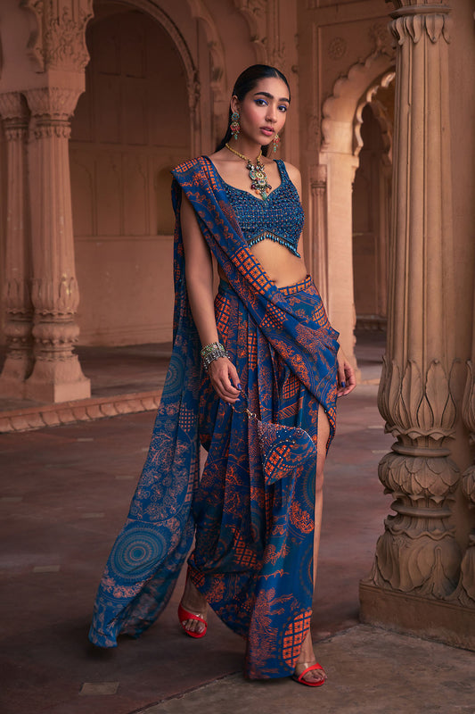 TEAL THIKRI PRINT & EMBROIDERED SAREE SET