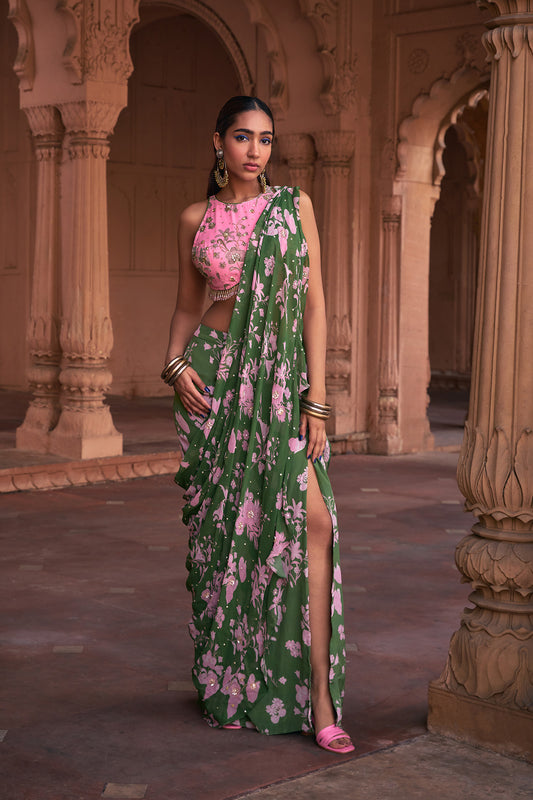 SAGE GREEN FLORAL PRINT & HIGHLIGHTED SAREE SET