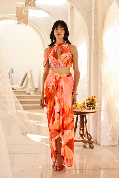 Sunset Petal Printed Crop Top Dhoti Skirt Set