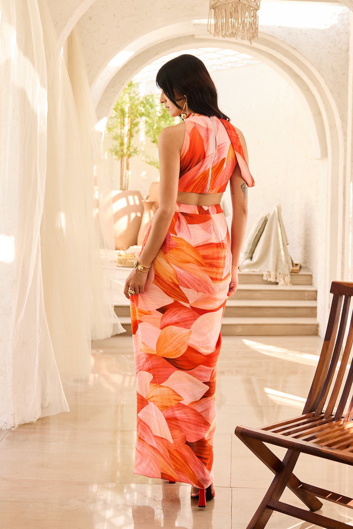 Sunset Petal Printed Crop Top Dhoti Skirt Set