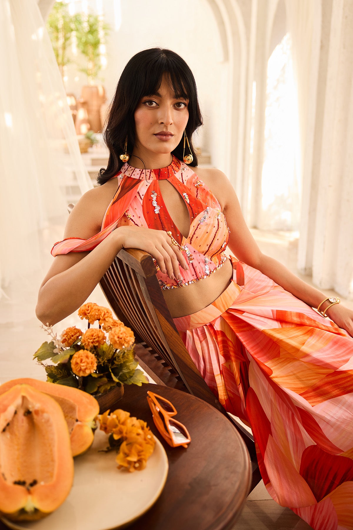 Sunset Petal Printed Crop Top Dhoti Skirt Set