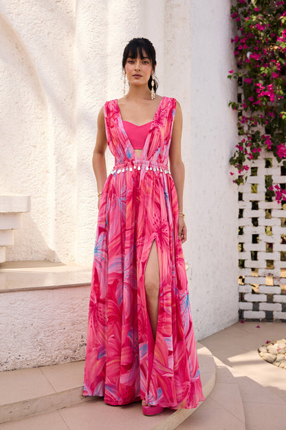 Blush Pink Lily Printed Slit Dress M Blush Pink Lily Printed Slit Dress M