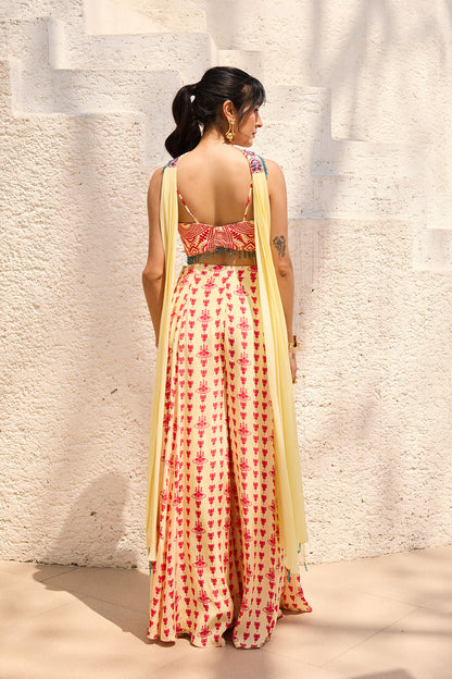 Yellow Asymmetric Printed Crop Top Pant Set