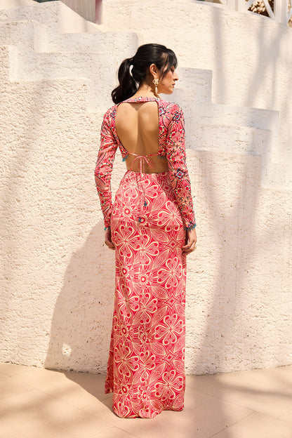 Pink Asymmetric Printed Crop Top Skit Set