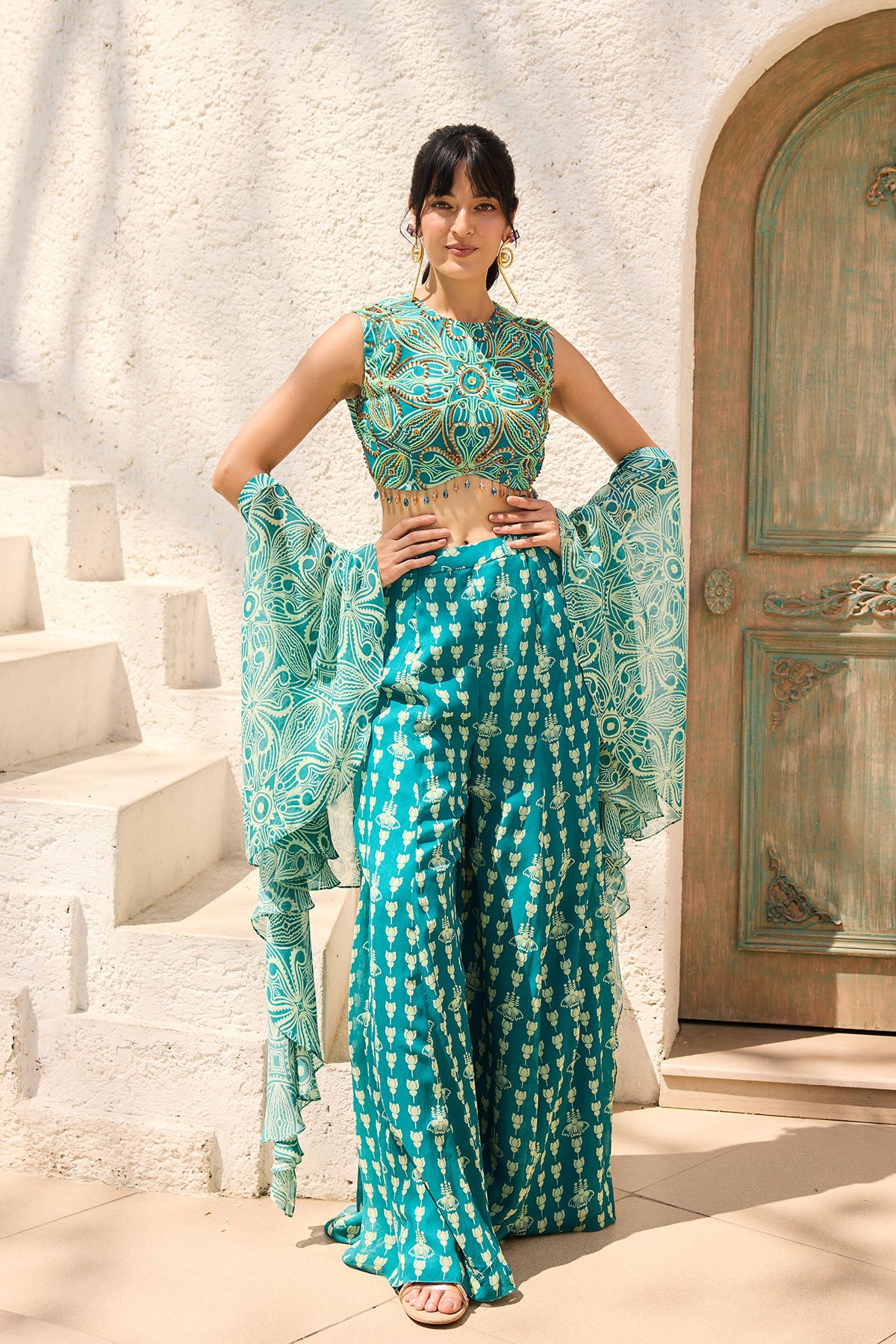 Teal Asymmetric Printed Crop Top Pant Set