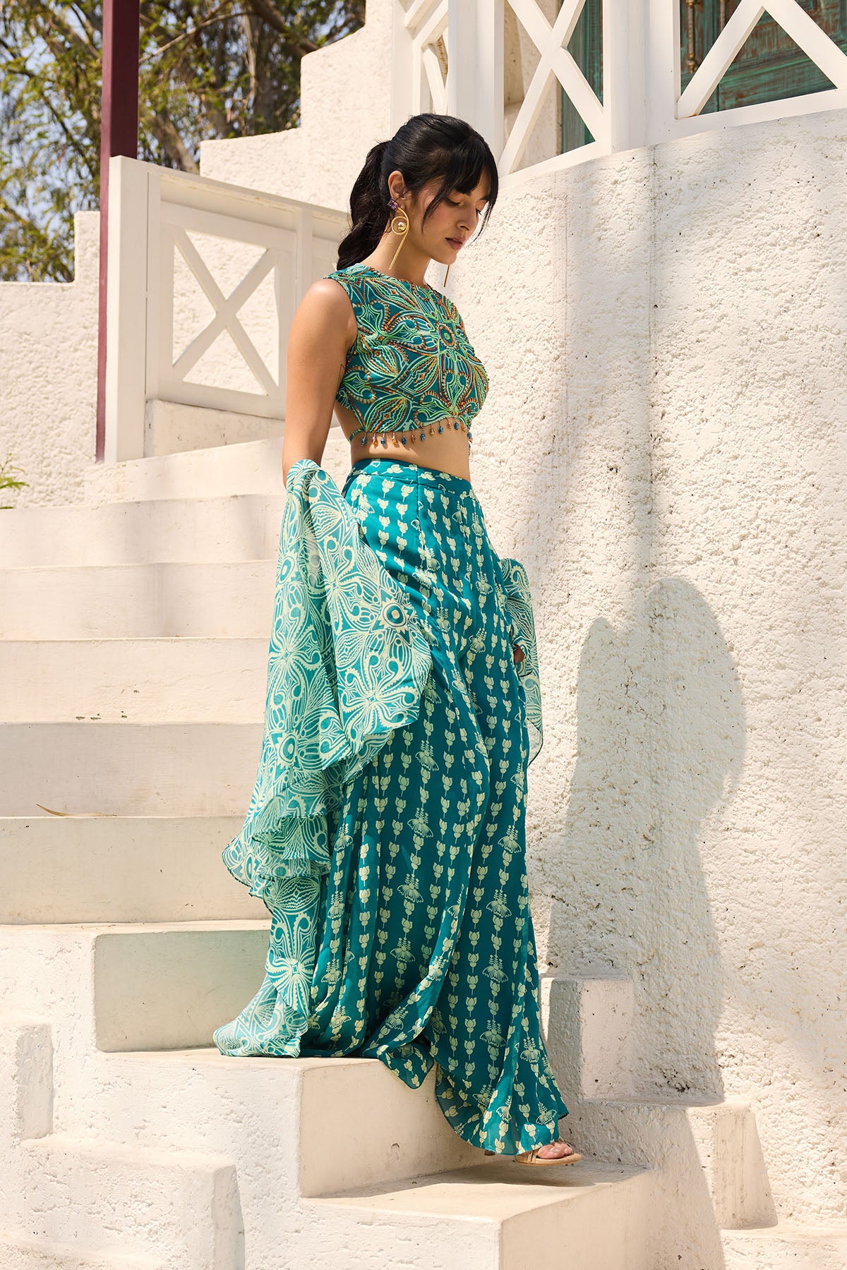 Teal Asymmetric Printed Crop Top Pant Set