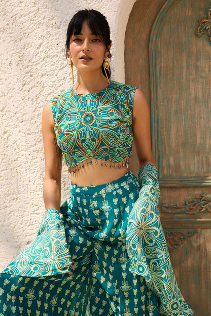 Teal Asymmetric Printed Crop Top Pant Set