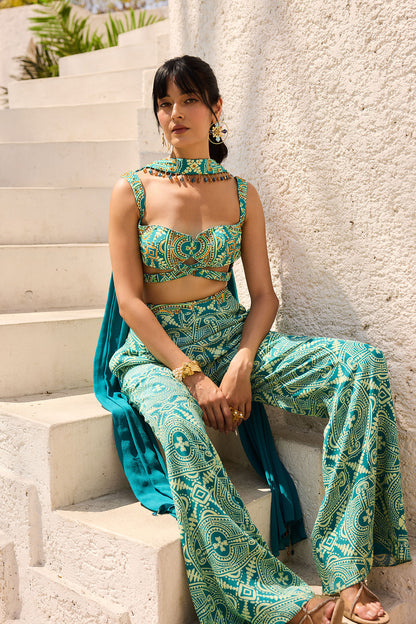 Teal Asymmetric Printed Crop Top Pant Set