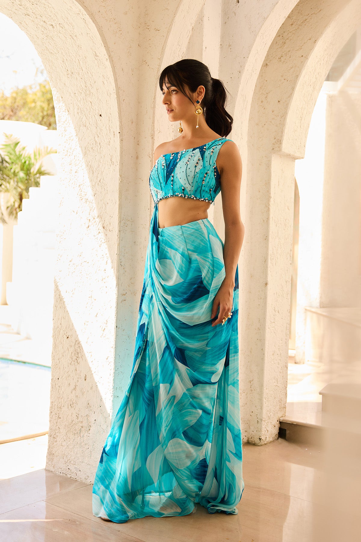 Breezy Blue Petal Printedpre-Draped Saree Set