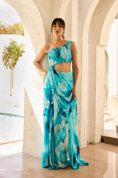 Breezy Blue Petal Printedpre-Draped Saree Set