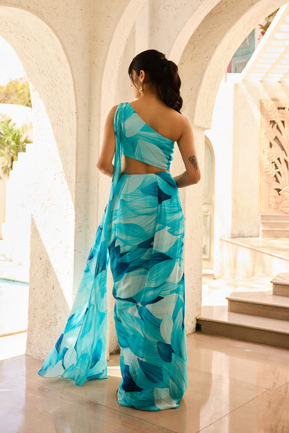Breezy Blue Petal Printedpre-Draped Saree Set